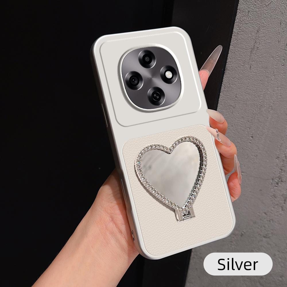 For OPPO A6 Pro 5G Global CPH2781 Lambskin Series Skin Feel Shockproof Phone Case with Heart Mirror Holder(Silver)