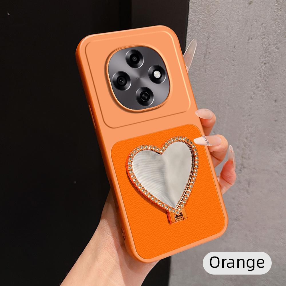 For OPPO A6 Pro 5G Global CPH2781 Lambskin Series Skin Feel Shockproof Phone Case with Heart Mirror Holder(Orange)