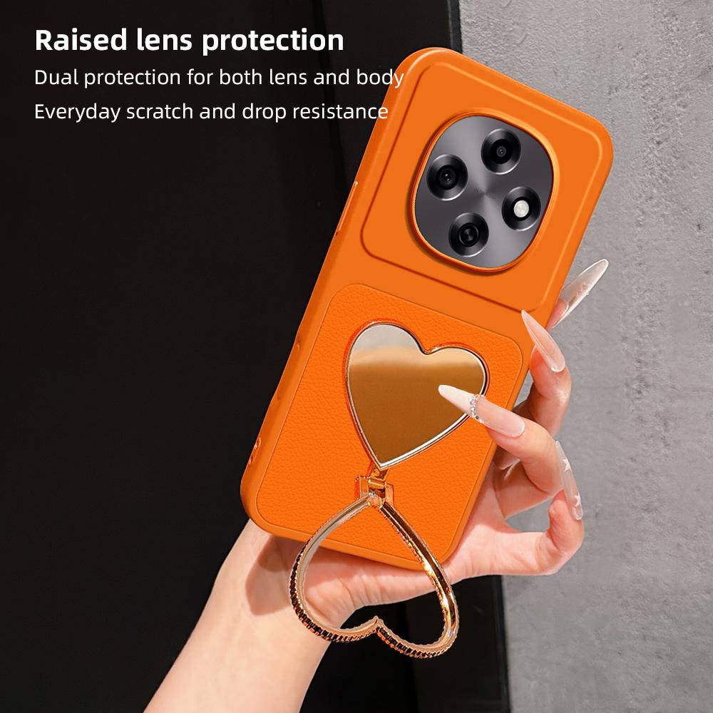 For OPPO A6 Pro 5G Global CPH2781 Lambskin Series Skin Feel Shockproof Phone Case with Heart Mirror Holder(Orange)