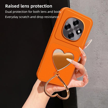 For OPPO A6 Pro 5G Global CPH2781 Lambskin Series Skin Feel Shockproof Phone Case with Heart Mirror Holder(Orange)