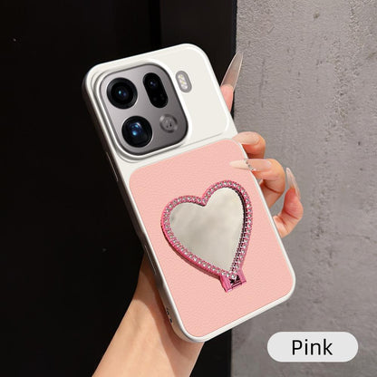 For OPPO Find X9 Pro Lambskin Series Skin Feel Shockproof Phone Case with Heart Mirror Holder(Pink)