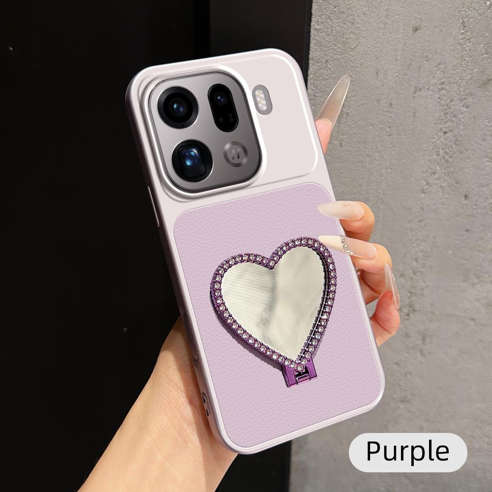 For OPPO Find X9 Pro Lambskin Series Skin Feel Shockproof Phone Case with Heart Mirror Holder(Purple)