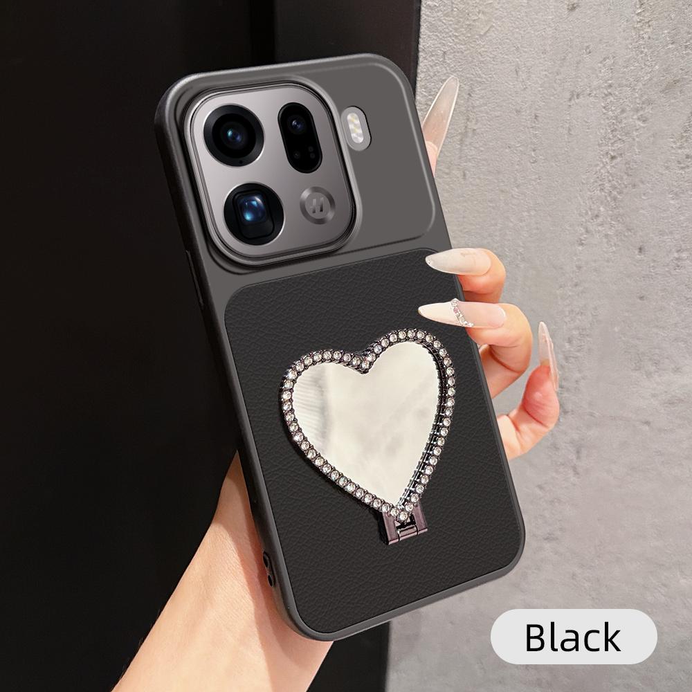 For OPPO Find X9 Pro Lambskin Series Skin Feel Shockproof Phone Case with Heart Mirror Holder(Black)