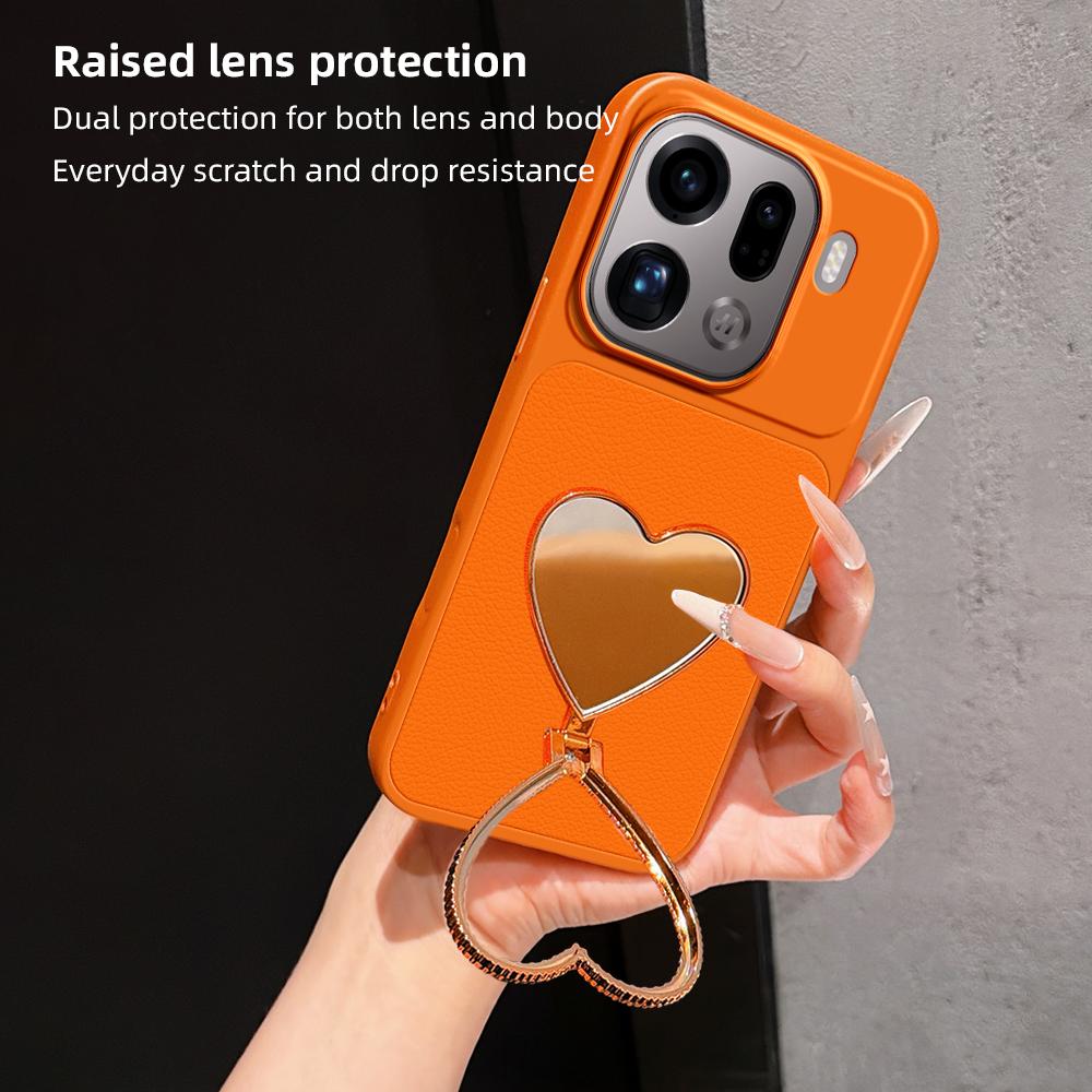 For OPPO Find X9 Pro Lambskin Series Skin Feel Shockproof Phone Case with Heart Mirror Holder(Black)