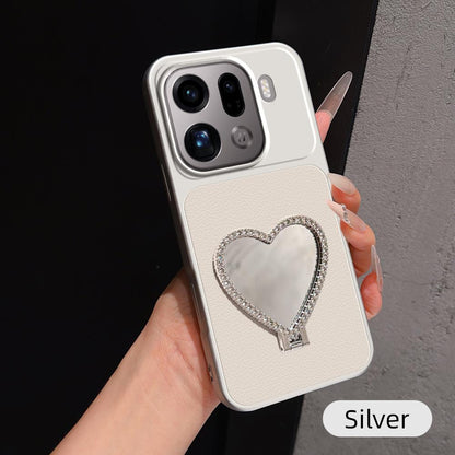 For OPPO Find X9 Pro Lambskin Series Skin Feel Shockproof Phone Case with Heart Mirror Holder(Silver)