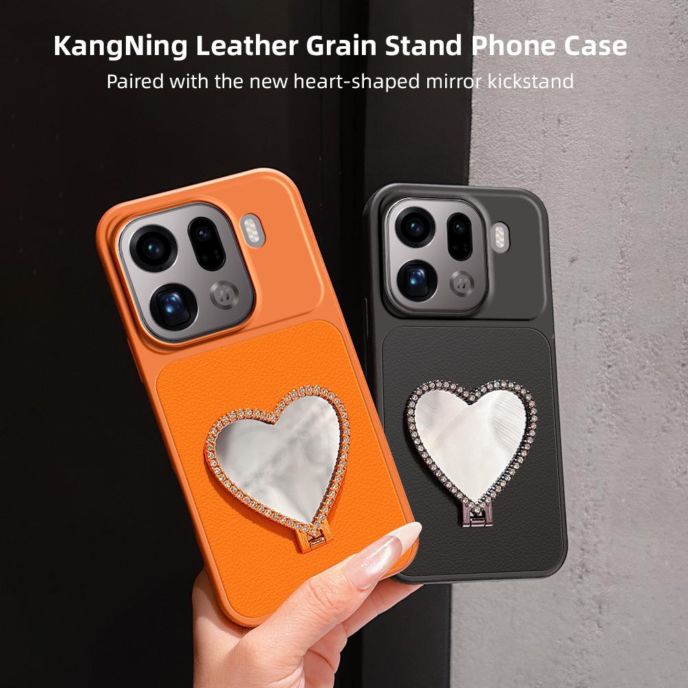 For OPPO Find X9 Pro Lambskin Series Skin Feel Shockproof Phone Case with Heart Mirror Holder(Silver)