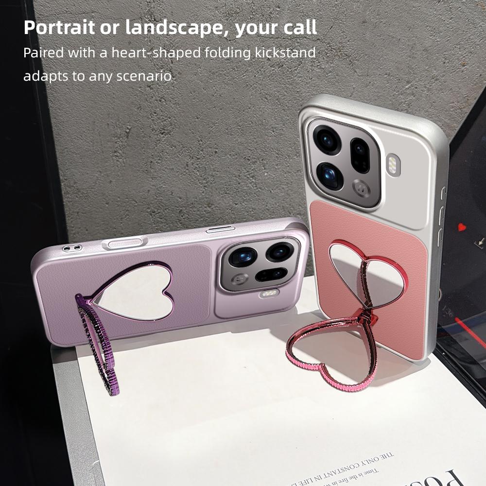 For OPPO Find X9 Pro Lambskin Series Skin Feel Shockproof Phone Case with Heart Mirror Holder(Silver)