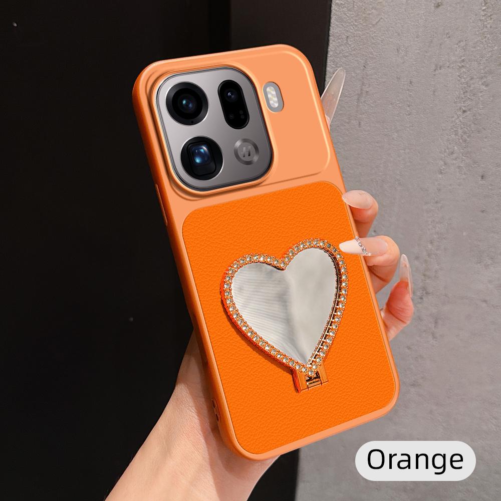 For OPPO Find X9 Pro Lambskin Series Skin Feel Shockproof Phone Case with Heart Mirror Holder(Orange)