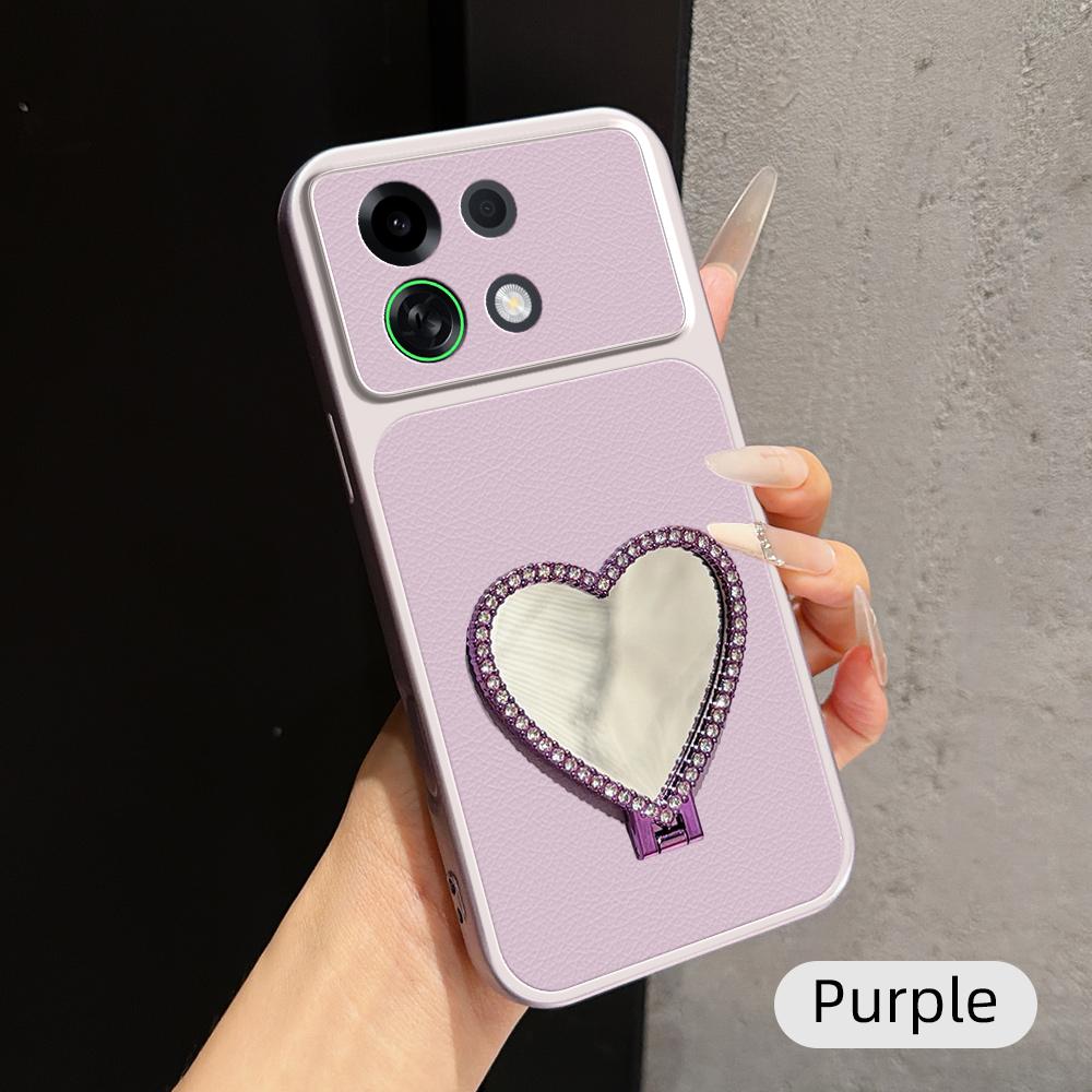 For OPPO K13 Turbo 5G Lambskin Series Skin Feel Shockproof Phone Case with Heart Mirror Holder(Purple)