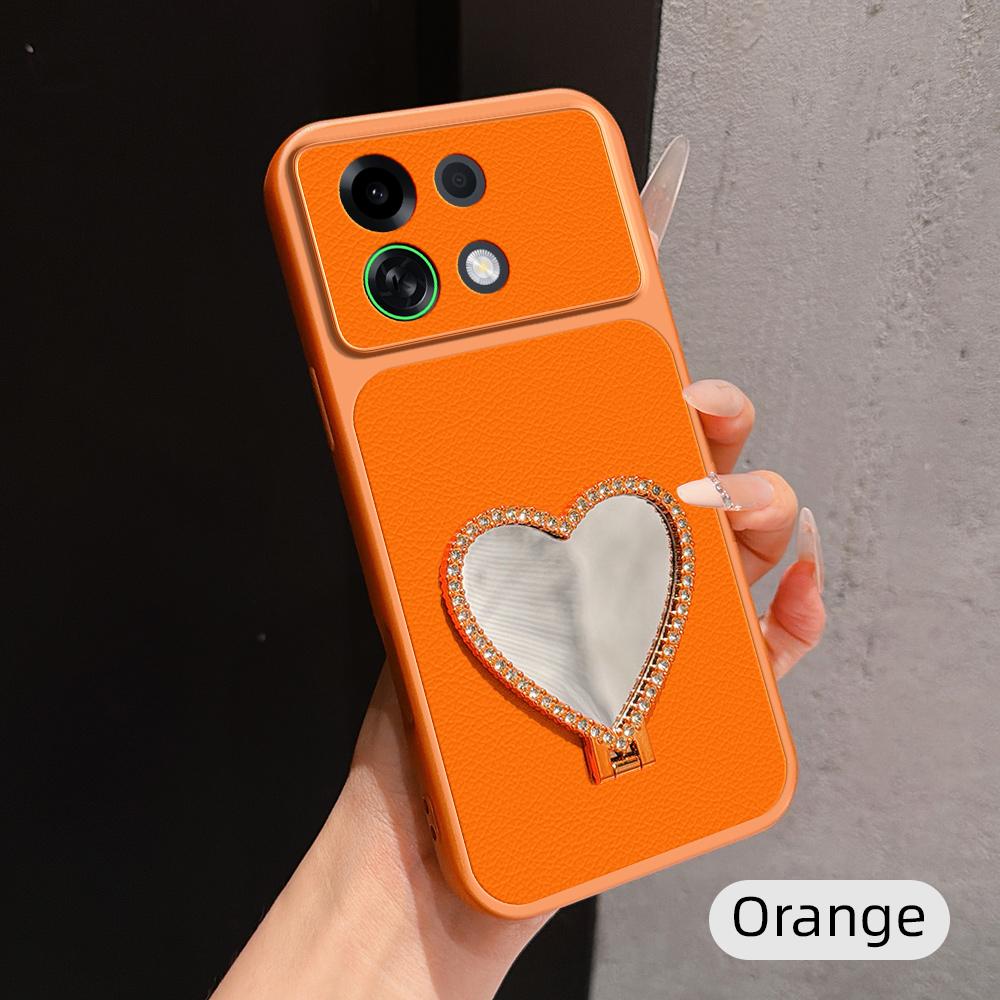 For OPPO K13 Turbo 5G Lambskin Series Skin Feel Shockproof Phone Case with Heart Mirror Holder(Orange)