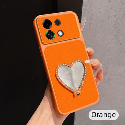 For OPPO K13 Turbo 5G Lambskin Series Skin Feel Shockproof Phone Case with Heart Mirror Holder(Orange)