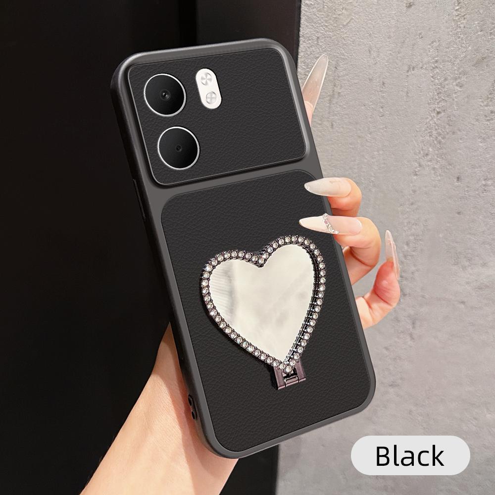 For OPPO A5x 5G Lambskin Series Skin Feel Shockproof Phone Case with Heart Mirror Holder(Black)