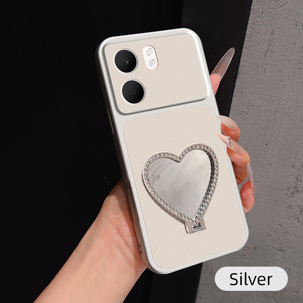 For OPPO A5x 5G Lambskin Series Skin Feel Shockproof Phone Case with Heart Mirror Holder(Silver)