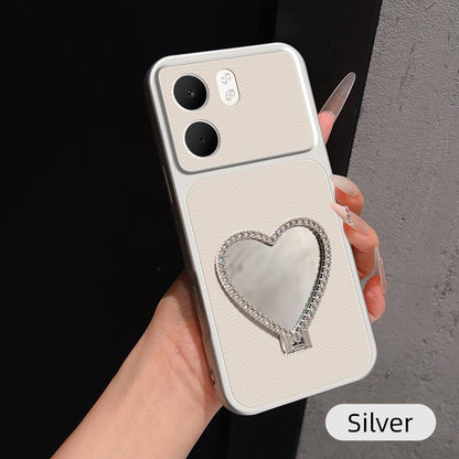 For OPPO A5x 5G Lambskin Series Skin Feel Shockproof Phone Case with Heart Mirror Holder(Silver)