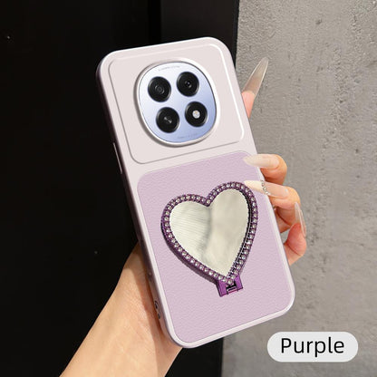 For OPPO A5 5G Global Lambskin Series Skin Feel Shockproof Phone Case with Heart Mirror Holder(Purple)