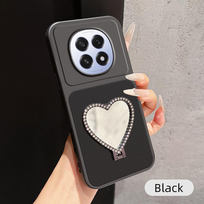 For OPPO A5 5G Global Lambskin Series Skin Feel Shockproof Phone Case with Heart Mirror Holder(Black)