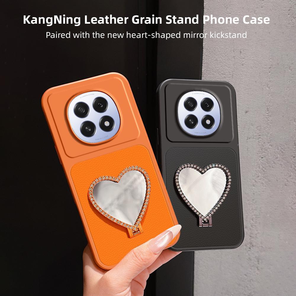 For OPPO A5 5G Global Lambskin Series Skin Feel Shockproof Phone Case with Heart Mirror Holder(Black)