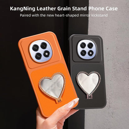 For OPPO A5 5G Global Lambskin Series Skin Feel Shockproof Phone Case with Heart Mirror Holder(Black)
