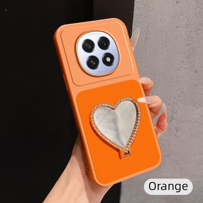 For OPPO A5 5G Global Lambskin Series Skin Feel Shockproof Phone Case with Heart Mirror Holder(Orange)
