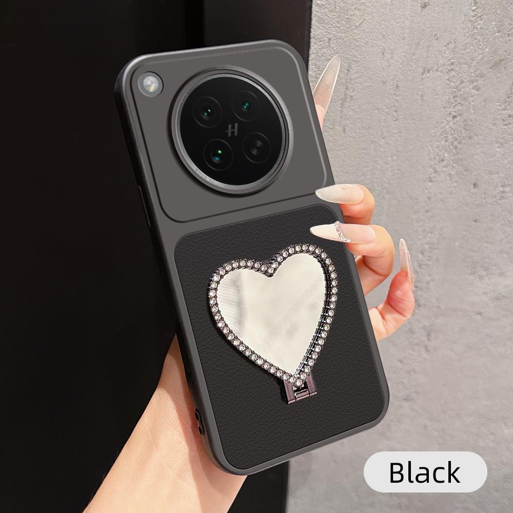 For OPPO Find X8s Lambskin Series Skin Feel Shockproof Phone Case with Heart Mirror Holder(Black)
