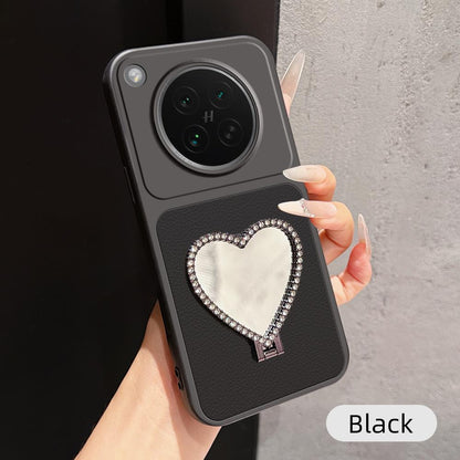 For OPPO Find X8s Lambskin Series Skin Feel Shockproof Phone Case with Heart Mirror Holder(Black)