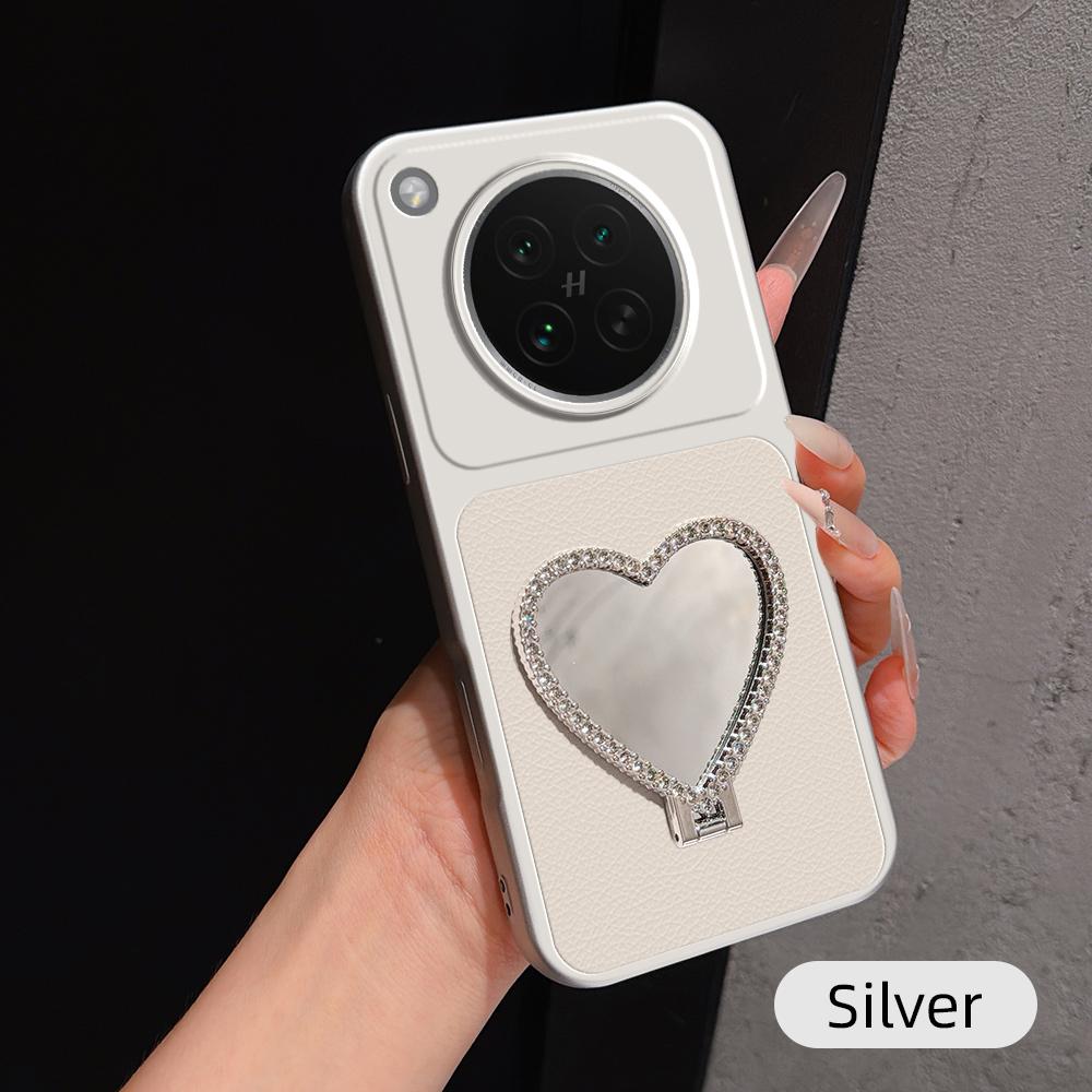 For OPPO Find X8s Lambskin Series Skin Feel Shockproof Phone Case with Heart Mirror Holder(Silver)