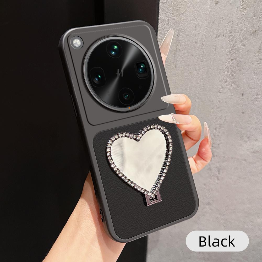 For OPPO Find X8 Ultra Lambskin Series Skin Feel Shockproof Phone Case with Heart Mirror Holder(Black)