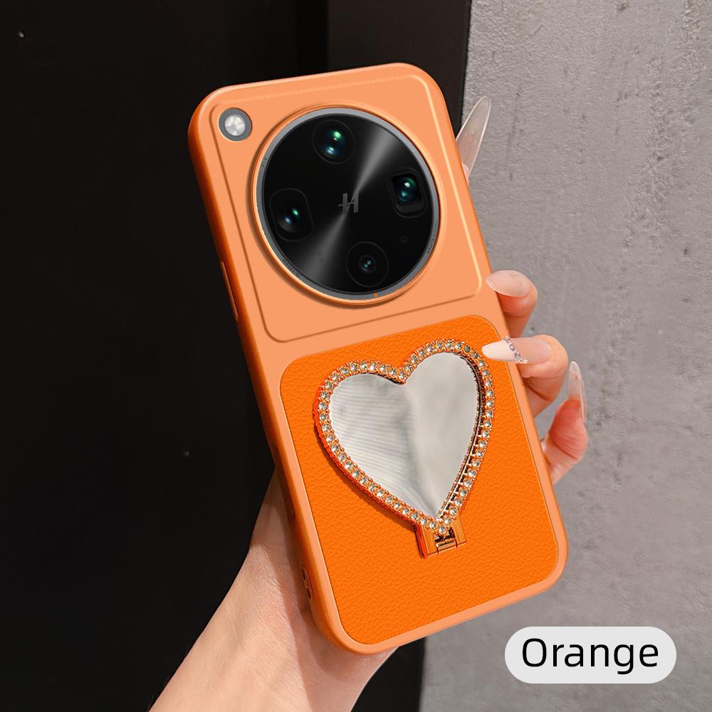 For OPPO Find X8 Ultra Lambskin Series Skin Feel Shockproof Phone Case with Heart Mirror Holder(Orange)
