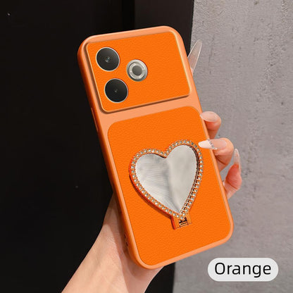 For OPPO A5 Pro 5G Lambskin Series Skin Feel Shockproof Phone Case with Heart Mirror Holder(Orange)