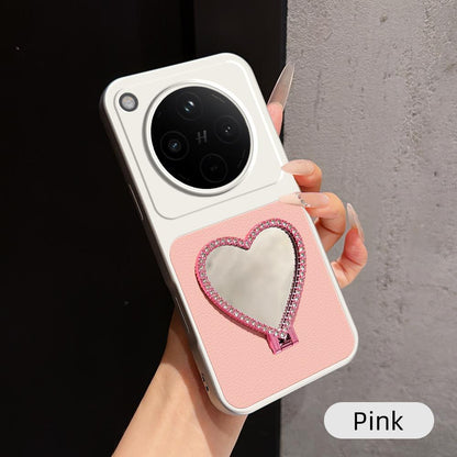 For OPPO Find X8 Lambskin Series Skin Feel Shockproof Phone Case with Heart Mirror Holder(Pink)