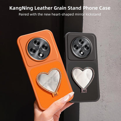 For OPPO A3 5G Global Lambskin Series Skin Feel Shockproof Phone Case with Heart Mirror Holder(Purple)
