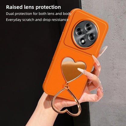 For OPPO A3 5G Global Lambskin Series Skin Feel Shockproof Phone Case with Heart Mirror Holder(Black)