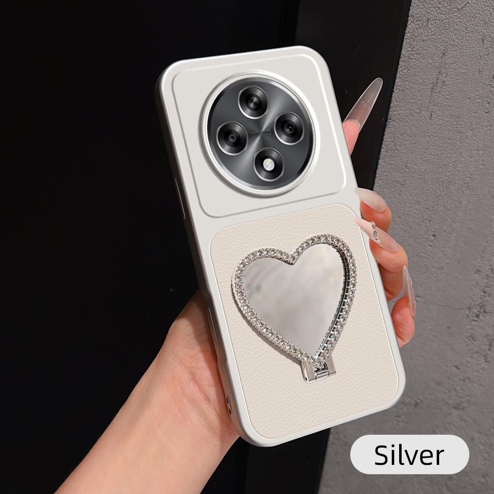 For OPPO A3 5G Global Lambskin Series Skin Feel Shockproof Phone Case with Heart Mirror Holder(Silver)