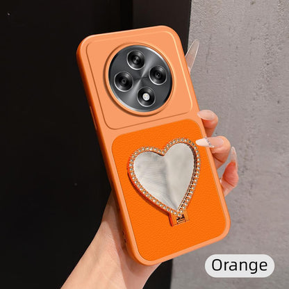 For OPPO A3 5G Global Lambskin Series Skin Feel Shockproof Phone Case with Heart Mirror Holder(Orange)