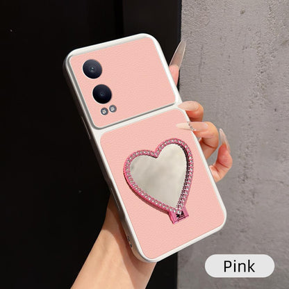 For OPPO K12x Lambskin Series Skin Feel Shockproof Phone Case with Heart Mirror Holder(Pink)