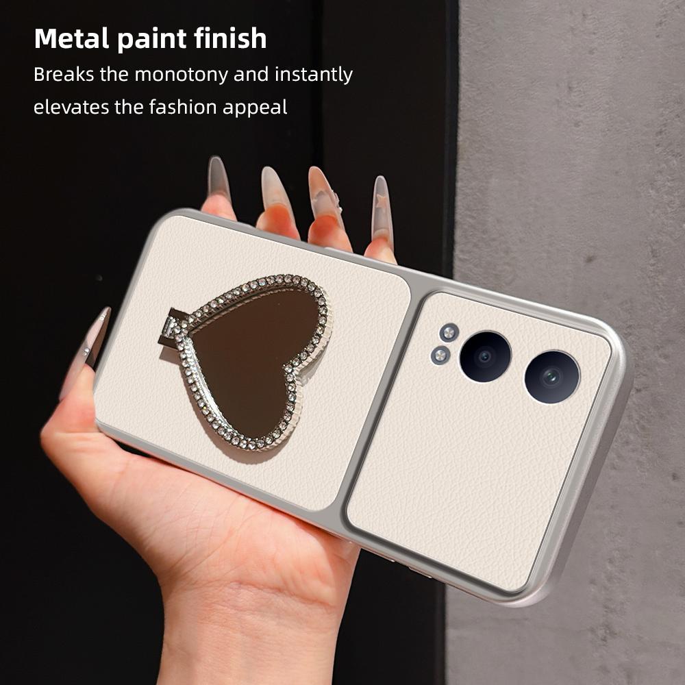 For OPPO K12x Lambskin Series Skin Feel Shockproof Phone Case with Heart Mirror Holder(Black)