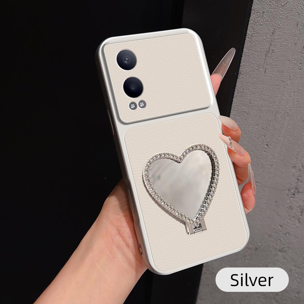 For OPPO K12x Lambskin Series Skin Feel Shockproof Phone Case with Heart Mirror Holder(Silver)