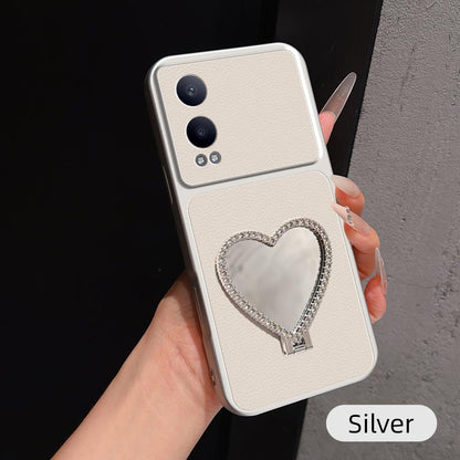 For OPPO K12x Lambskin Series Skin Feel Shockproof Phone Case with Heart Mirror Holder(Silver)