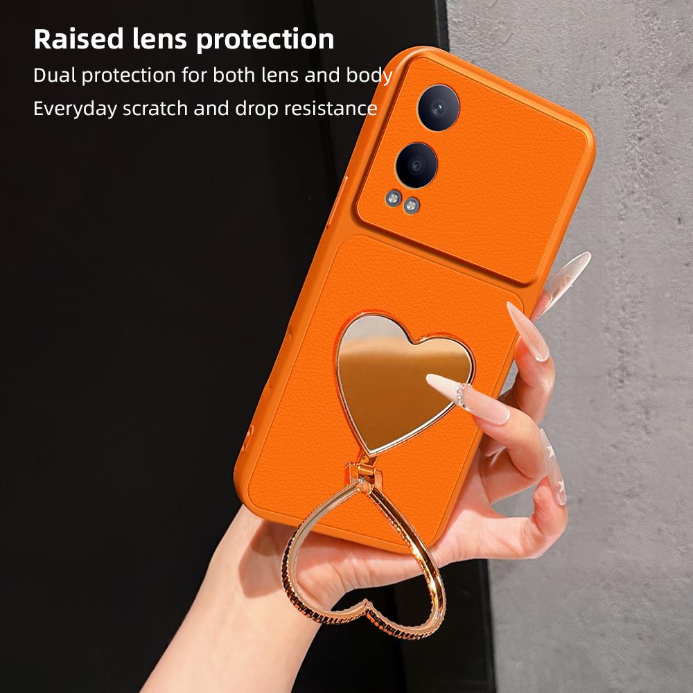 For OPPO K12x Lambskin Series Skin Feel Shockproof Phone Case with Heart Mirror Holder(Orange)