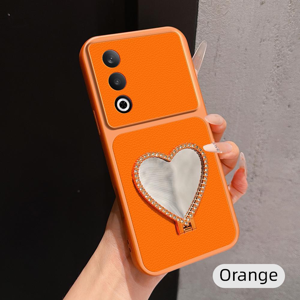 For OPPO K12 Lambskin Series Skin Feel Shockproof Phone Case with Heart Mirror Holder(Orange)