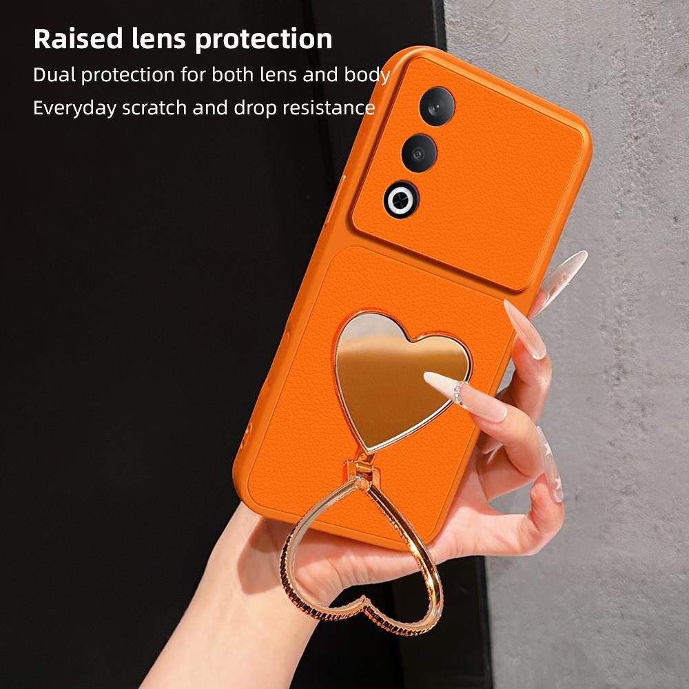 For OPPO K12 Lambskin Series Skin Feel Shockproof Phone Case with Heart Mirror Holder(Orange)