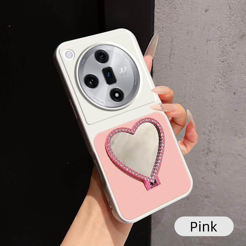 For OPPO Find X7 Lambskin Series Skin Feel Shockproof Phone Case with Heart Mirror Holder(Pink)