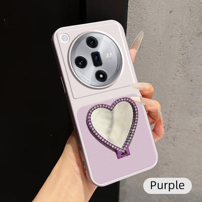 For OPPO Find X7 Lambskin Series Skin Feel Shockproof Phone Case with Heart Mirror Holder(Purple)