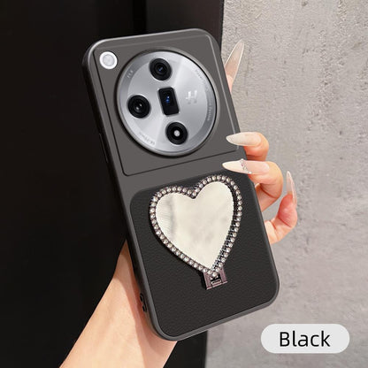 For OPPO Find X7 Lambskin Series Skin Feel Shockproof Phone Case with Heart Mirror Holder(Black)