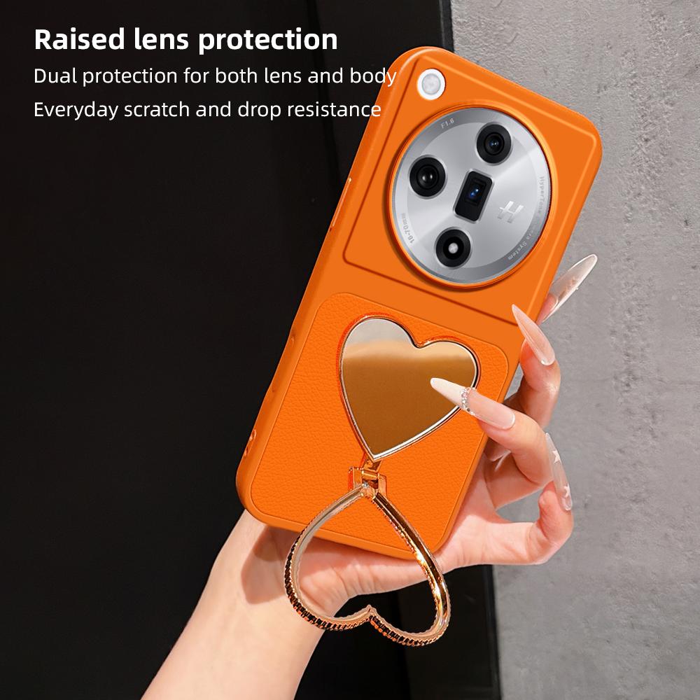 For OPPO Find X7 Lambskin Series Skin Feel Shockproof Phone Case with Heart Mirror Holder(Black)