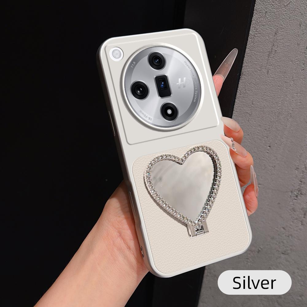 For OPPO Find X7 Lambskin Series Skin Feel Shockproof Phone Case with Heart Mirror Holder(Silver)