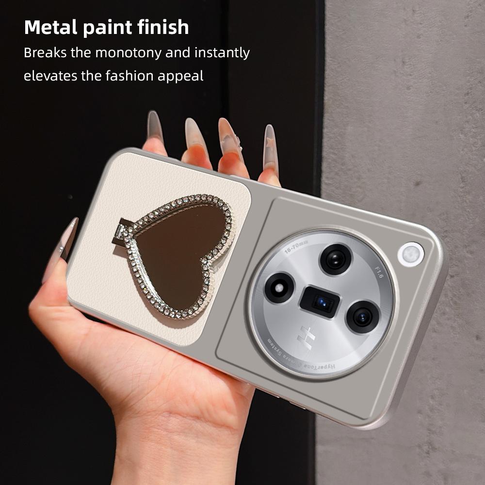 For OPPO Find X7 Lambskin Series Skin Feel Shockproof Phone Case with Heart Mirror Holder(Silver)