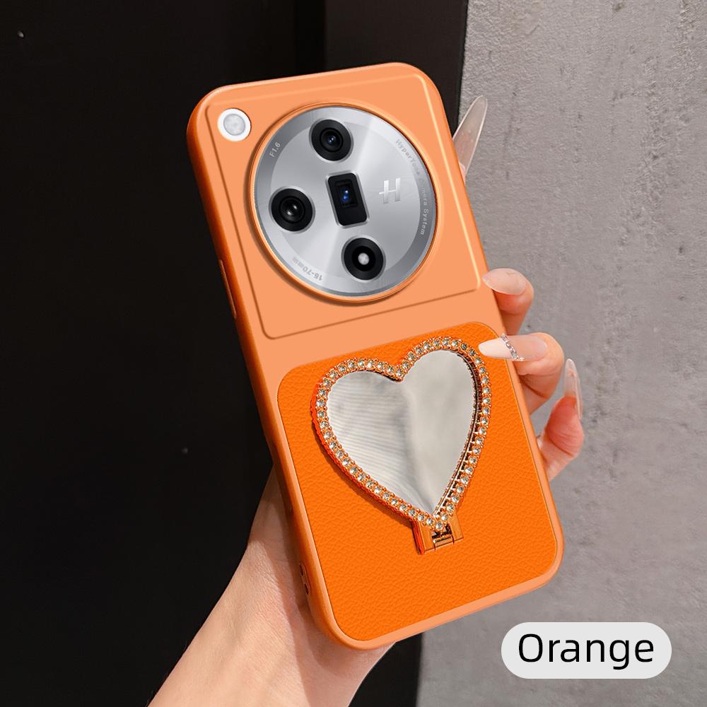 For OPPO Find X7 Lambskin Series Skin Feel Shockproof Phone Case with Heart Mirror Holder(Orange)