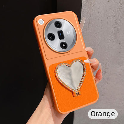 For OPPO Find X7 Lambskin Series Skin Feel Shockproof Phone Case with Heart Mirror Holder(Orange)
