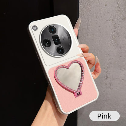 For OPPO Find X7 Ultra Lambskin Series Skin Feel Shockproof Phone Case with Heart Mirror Holder(Pink)